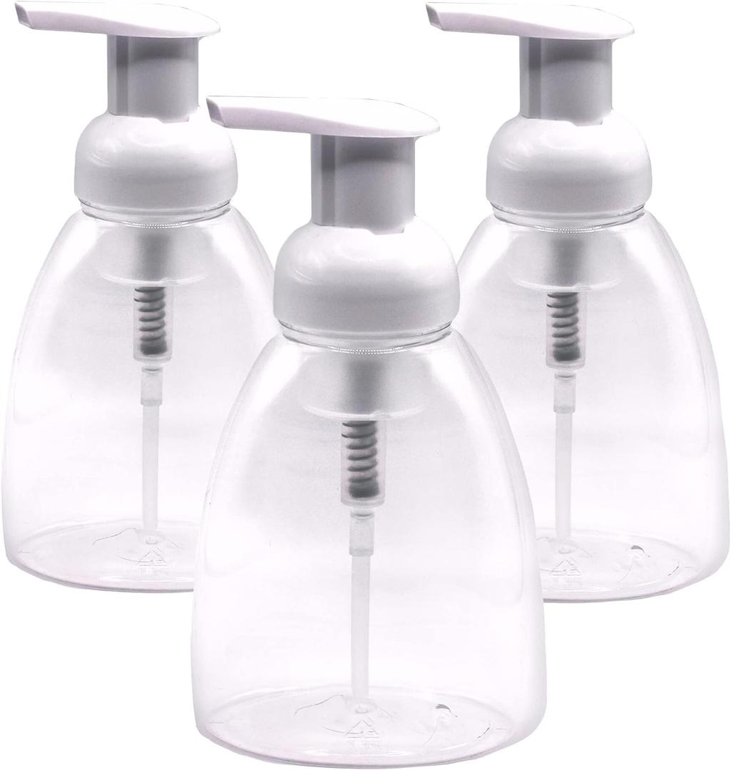Clear Plastic Foaming Bathroom Countertop Soap Dispensers, Foaming Pump Bottles, Refillable Plastic Container for Liquid Soap, Compatible with Dr Bronner's Pure Castile Soap 250ml, (8.5 oz) - (3 Pack)