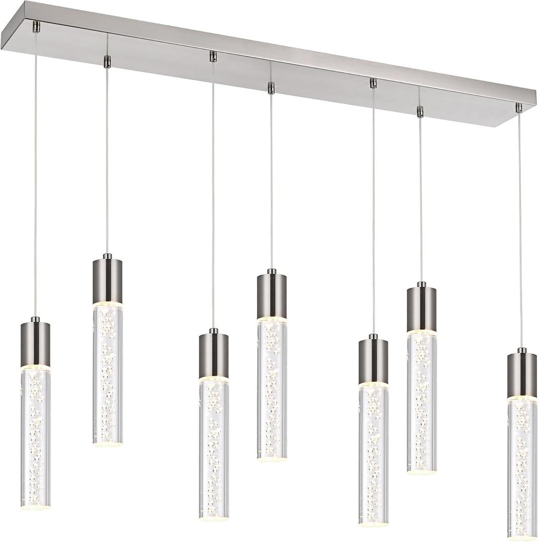 MELUCEE Dimmable LED Chandelier Linear Island Lighting, 7 Light Dining Room Chandeliers Brushed Nickel Pendant Light Fixture for Dining Room Over Table Kitchen Island, 5 Color Temperature Adjustable