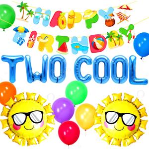 JeVenis Two Cool Beach Party Birthday Decoration - Blue, Green, Yellow, Red Beach Cartoon Balloons & Banner - 2nd Birthday Party Pack