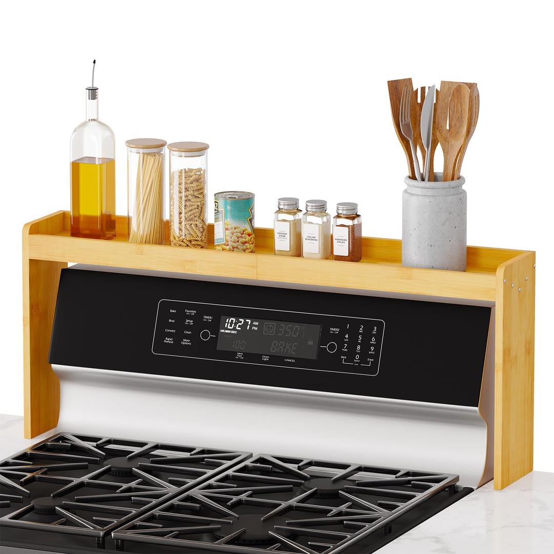 NKM bamboo spice rack, stove top shelf, over the stove shelf for back of stove, kitchen counter shelf for spice organization