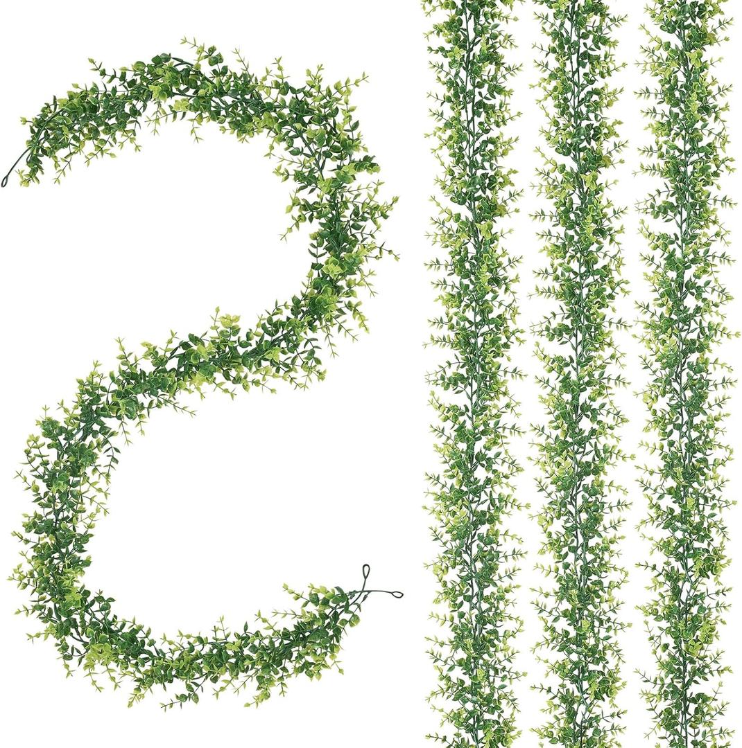 CQURE 4Pcs Faux Eucalyptus Garland, Artificial Eucalyptus Leaves Hanging Vines Table Greenery Garland for Wedding Backdrop Arch Wall Table Party Indoor Outdoor Decor