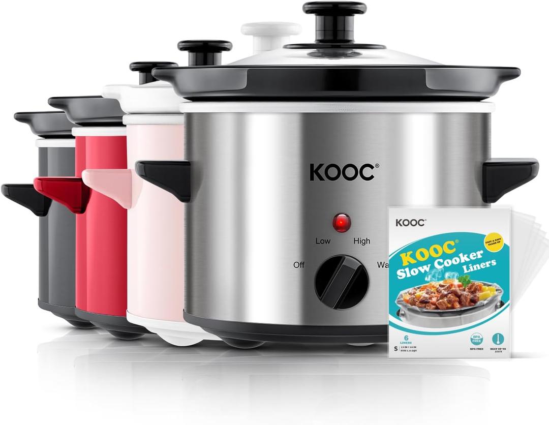 KOOC Small Slow Cooker, 2 Quart, Free Liners Included for Easy Clean-up, Upgraded Ceramic Crock, Adjustable Temp, Nutrient Loss Reduction, Stainless Steel, Silver, Round
