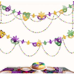 Cheerland Green Purple Gold Mardi Gras Mask Banner Paper Bead Garland Set for Mardi Gras Theme Party Decorations Triangle Flag Bunting for Fat Tuesday Party Supplies Carnival New Orleans Party Decor