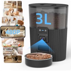 PAPIFEED Automatic Cat Feeder with Camera, Adjustable Angle 2.4G WiFi Pet Feeder 3.5L/15 Cup Timed Dispenser,Timed Feeder for Remote Feeding with Stainless Steel Bowl up to 10 Meals Per Day with APP (Black-Video)