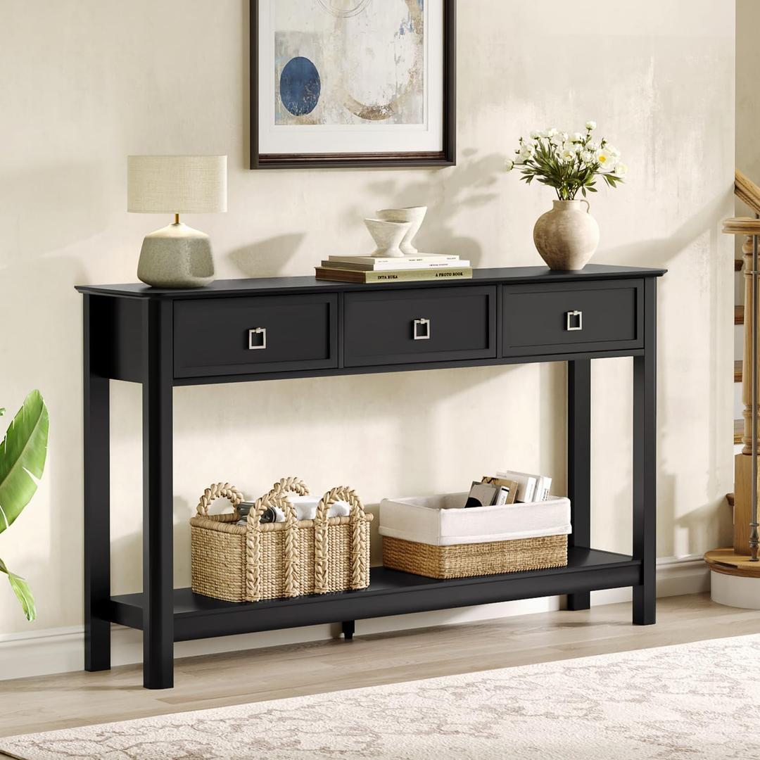 Treocho 53.1" Console Table with 3 Drawers, Modern Entryway Table, 2-Tier Narrow Long Sofa Table Behind Couch Table for Living Room, Hallway, Black