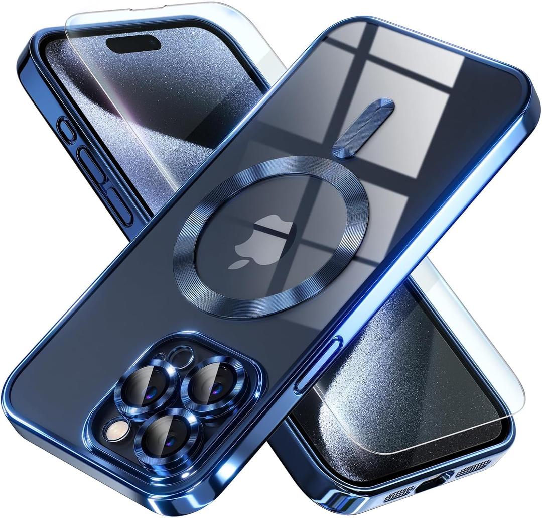 Misea Magnetic for iPhone 15 Pro Max Case with MagSafe [Never Yellowing] [Military Grade Drop Protection] Full Camera Lens Protector Plating Soft Clear Phone Case for Women Girls, Deep Blue