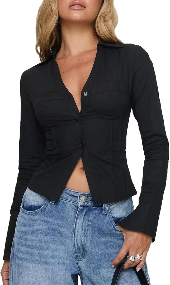 Women Y2K Slim Fit Button Up Shirt Sexy Long Sleeve V Neck Solid Color Crop Blouse Casual Aesthetic Preppy Streetwear (Small)