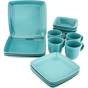 American Atelier Square Dinnerware Sets | Turquoise Green Kitchen Plates, Bowls, and Mugs | 16 Piece Stoneware Madelyn Collection | Dishwasher & Microwave Safe | Service for 4