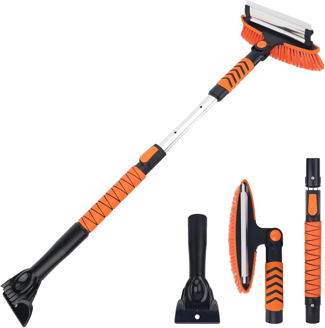 KeFanta Snow Removal Brush and Ice Scrapers for Car Windshield, 3 in 1 Heavy Duty 42'' Extendable Broom for SUV and Truck Window, Automotive Winter Accessories (Orange)