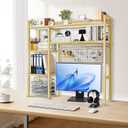 Desk Shelf with Grid Panel, 37.5" Desktop Hutch Organizer, 4-Tier Desk Bookshelf for Computer Desk, Metal & Wood Desktop Storage Rack for Home Office, Dorm, Study Desk, Gold, 37.5 Inches X 7.9 Inches X 35 Inches