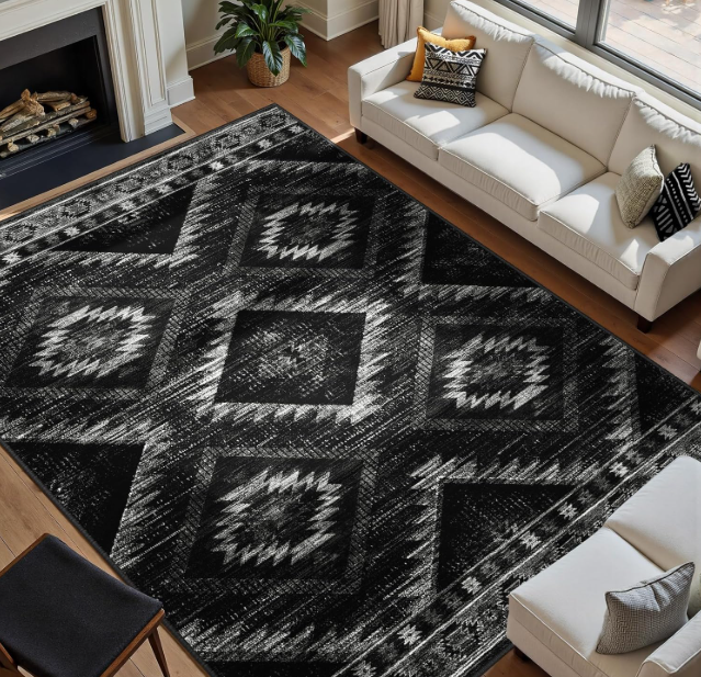Area Rug 8x10 Rug Machine Washable Non-Slip Low Pile Print Pattern Western Rug for Living Room Bedroom Entryway Tribal Series -Black