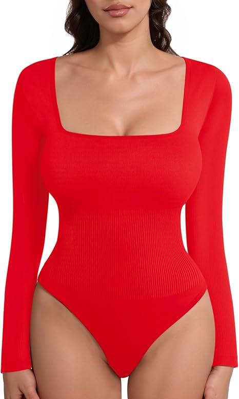 MANGOPOP Shapewear Bodysuit for Women Tummy Control Sexy Square Neck Long Sleeve Thong Ribbed Seamless Body Suit Top
 (Small, Red)