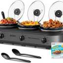KOOC Triple Slow Cooker Buffet Server and Food Warmer 3x1.5 Quart Individual Temp Control With Lid Rests & Spoons With Liners Included Grey