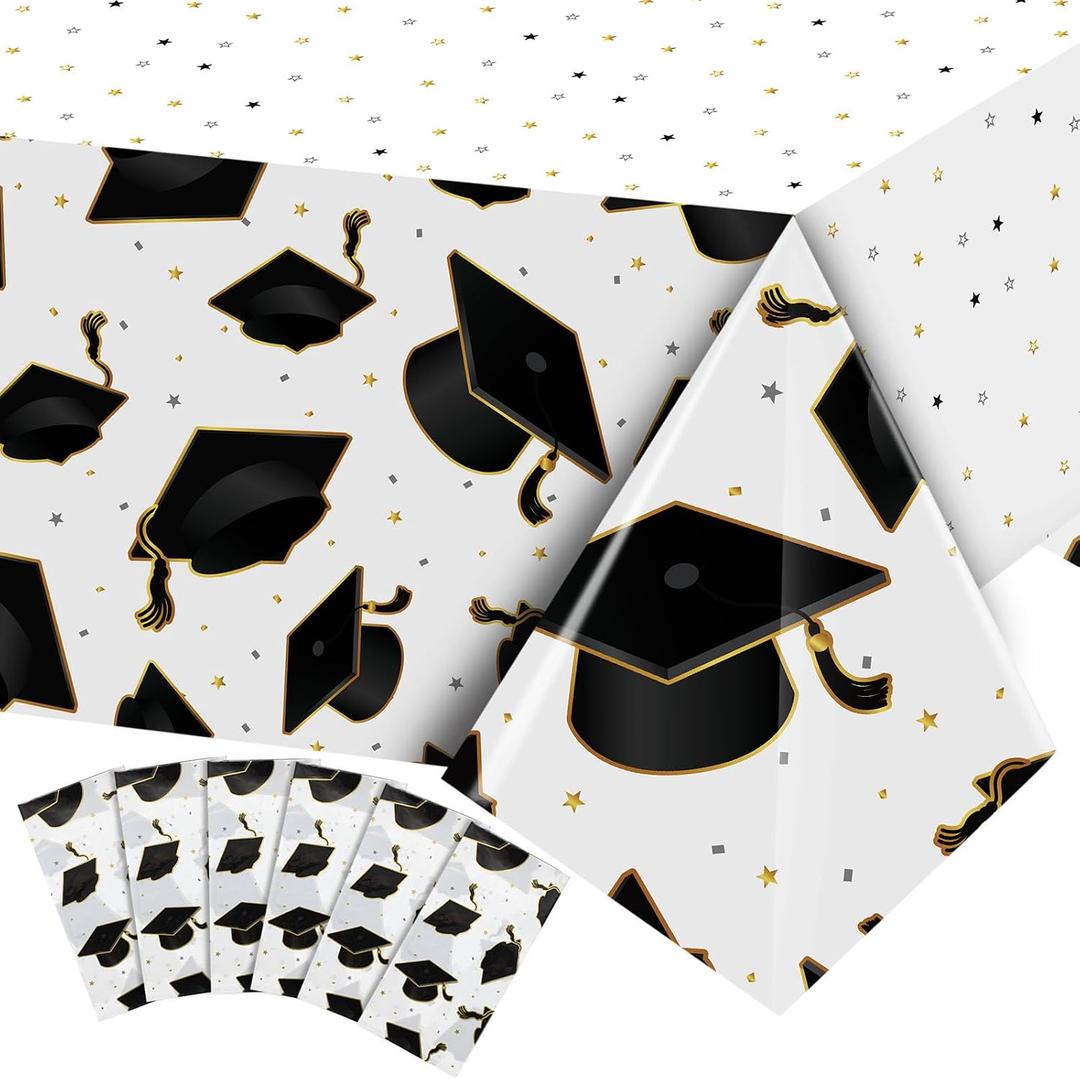 Tranqun 3 Pcs 2026 Graduation Party Tablecloth Graduation Cap Rectangle Plastic Disposable Table Cover Congratulate Decorations for Congrats Grad Party, 54 x 108 Inch(Blcak and Gold)