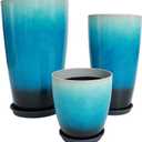 24,21,11 Inch Large Plastic Planters with Drainage Hole and Saucer - Set of 3 Tall Plant Pots Indoor Flower Pot Tall Round Planters Outdoor Large Tall Planter (Blue Black Gradient)