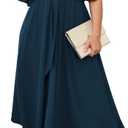 SCOMCHIC Women Plus Size Midi Dresses Wedding Guest Short Sleeve V Neck Tie Waist Casual Summer Flowy A Line Dress, Small