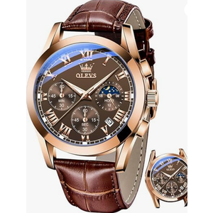 OLEVS Men's Chronograph Quartz Watches, Leather Strap Gold Case with Day Date, Waterproof Stainless Steel Wrist Watch, Luminous Hand Analog Watches for Men, Brown/Black/Blue/White Dial