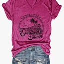 Women Summer Beach Tops Trees Print V Neck Short Sleeve Coconut Tree T Shirt Funny Graphic Tees, Size:XL