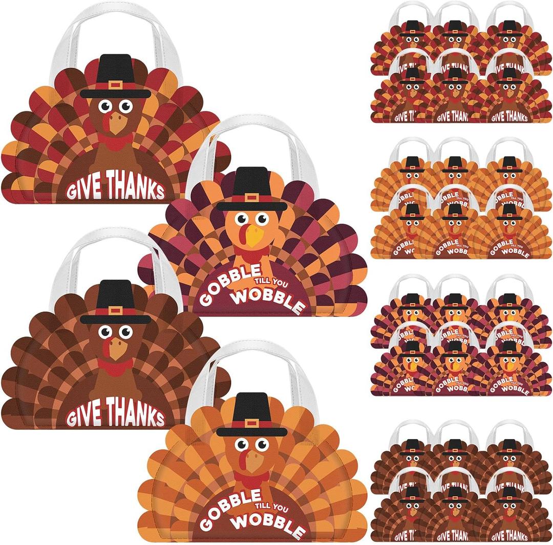 SilTriangle 24 Pcs Thanksgiving Non Woven Gift Bags with Handles Large Reusable Fall Treat Goodie Bags Bulk Autumn Candy Treat Tote for Thanksgiving Party Favor Supplies(Turkey,14.17 x 9.06 in)