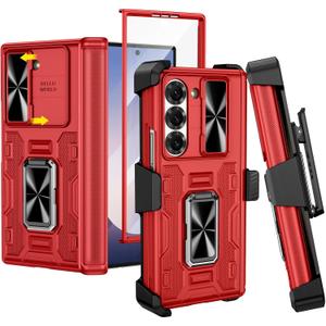 VEGO for Galaxy Z Fold 6 Case with Belt Clip Holster, 360Ring Magnetic Kickstand & Camera Cover & Front Screen Protector & Hinge Protection Shockproof Cover for Z Fold 6 - Classic Red