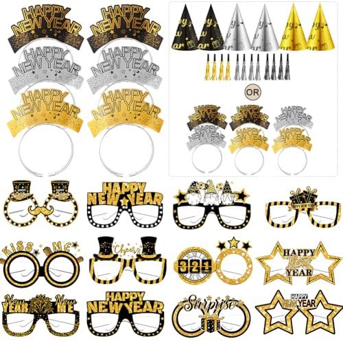HEYPRIIL New Years Eve Party Supplies Decorations 2026, Happy New Year NYE Decorations Accessories Party Favors Headbands and Glasses/ Headband Cone Hats, New Year Glasses, and Tassel Squawkers