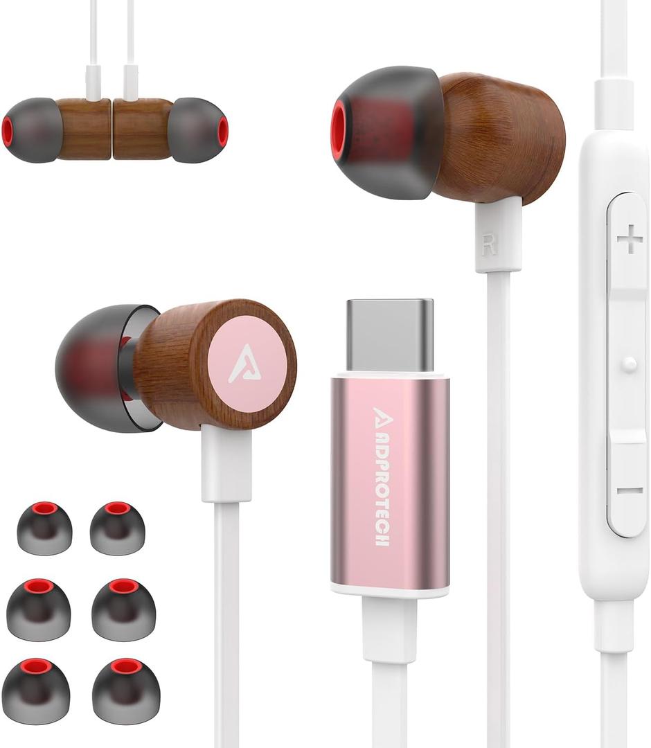 USB C Headphones for iPhone 16, Type C Earbuds Red Pear Wood Wired HiFi Stereo with Remote & Mic, USB C Earphones Compatible with iPhone 16/15 Pro Max, Galaxy S23, iPad Device with Type C, Rose Gold
