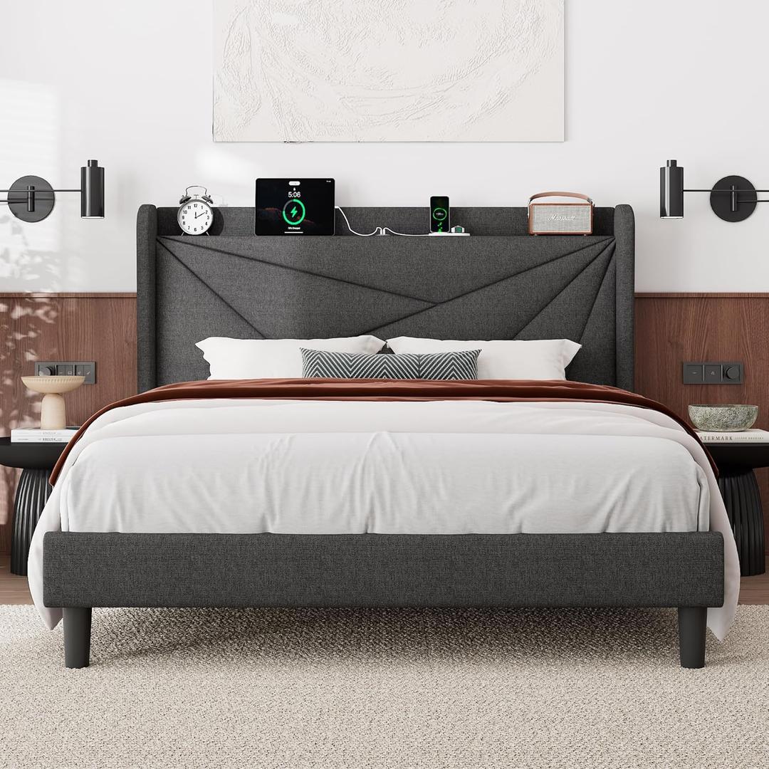 Feonase Full Size Bed Frame with Charging Station, Linen Upholstered Platform Bed Frame with Wingback Storage Headboard, Solid Wood Slats Support, No Box Spring Needed, Noise Free, Charcoal Grey