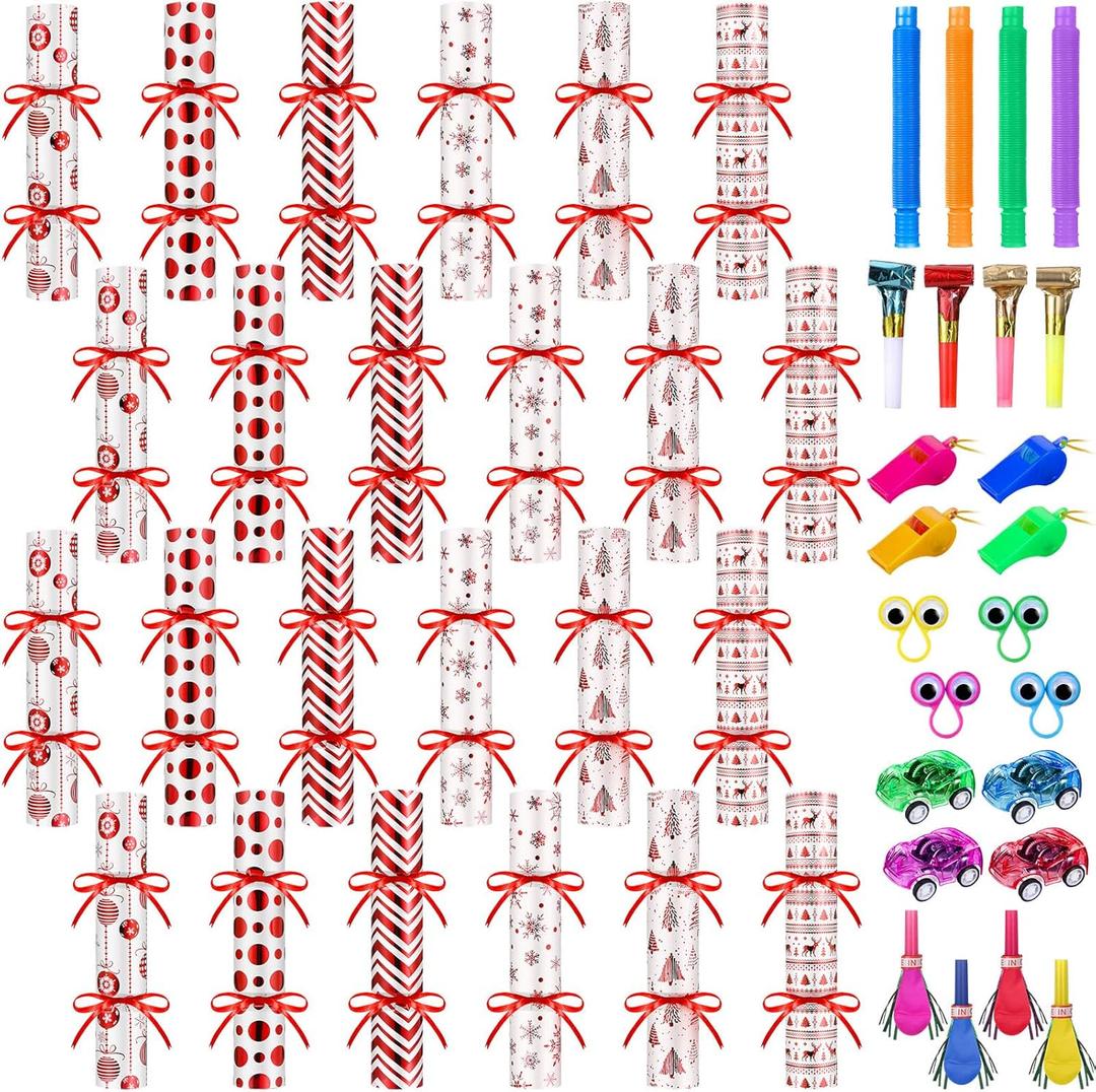 Syhood 24 Pack Christmas No Snap Party Table Favors with Prizes Christmas No Snap Crackers with 24 Pcs Little DIY Xmas Crackers Holiday Table Favors Set for Party(Red Style)