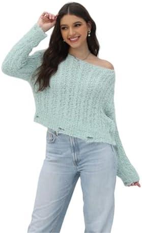 ORQUWEH 2025 Fall Cropped Sweater for Women Off The Shoulder Pullover Fluffy Knit Fashion Crop Top Holes Design Large