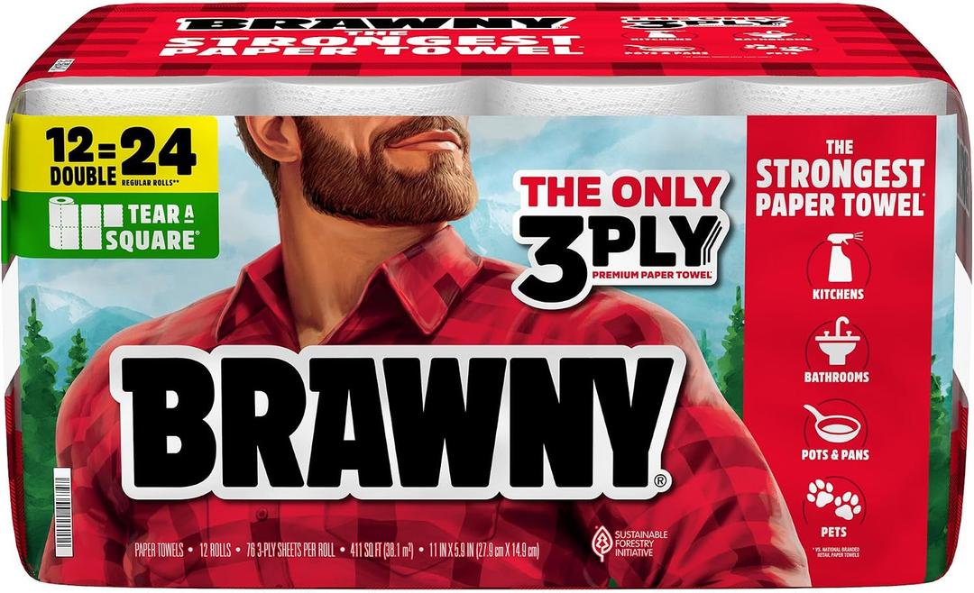Brawny Tear-A-Square 3-Ply Paper Towels, 12 Double Rolls = 24 Regular Rolls, Strong, Absorbent, and Durable with 3 Sheet Sizes