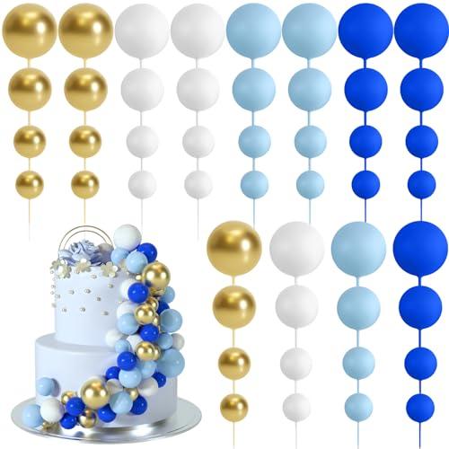 BOUBONI 48 Pcs Balls Cake Topper Decorations Balloon Cupcake Toppers Foam Cake Topper Balls Cake Balls Decorations for Birthday Party Wedding Cake Decorating (Royal Blue, Light Blue, White, Gold)