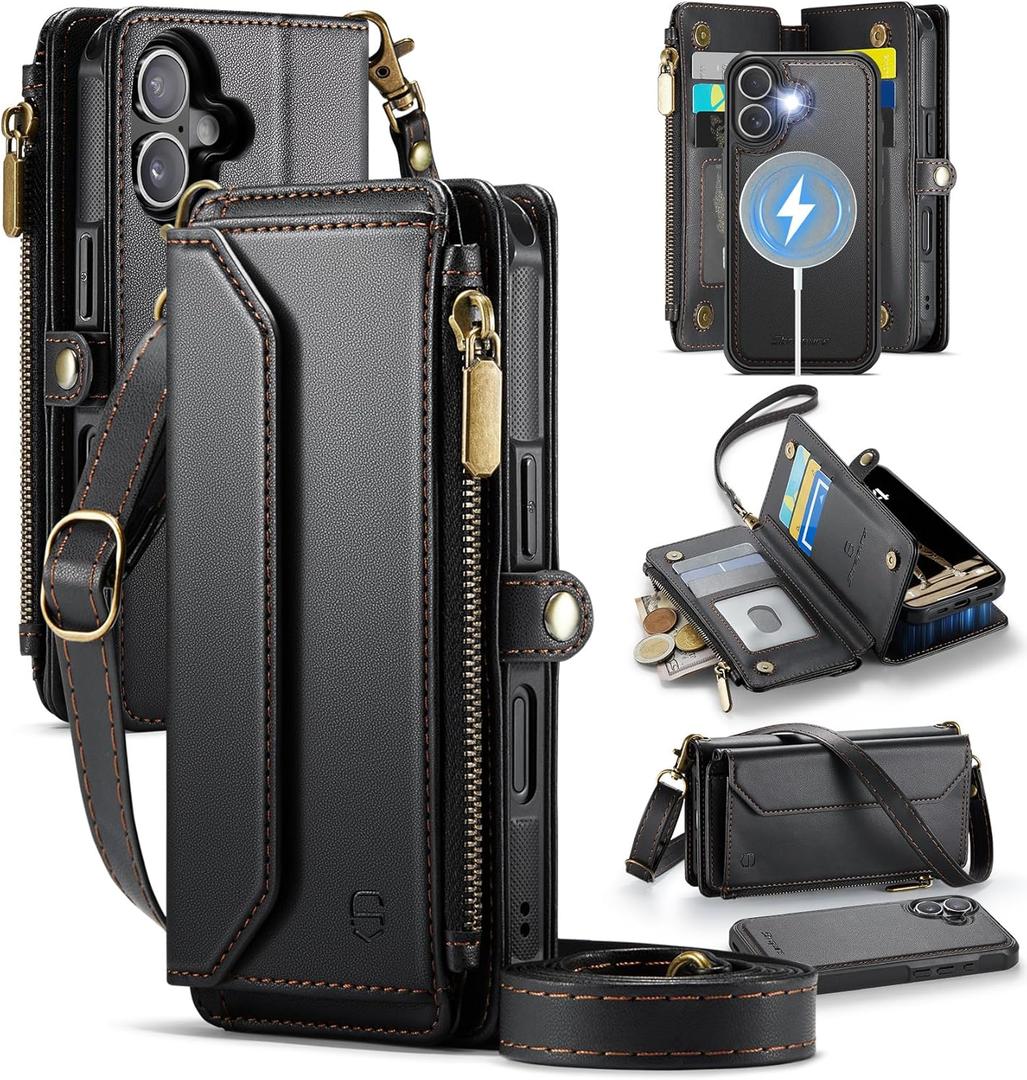 Strapurs for iPhone 16 Detachable Wallet Case Compatible with Magsafe for Women, RFID Blocking 9-Card Holder Zipper Wrist Strap Lanyard PU Leather Magnetic Phone Case for iPhone 16 6.1", Black