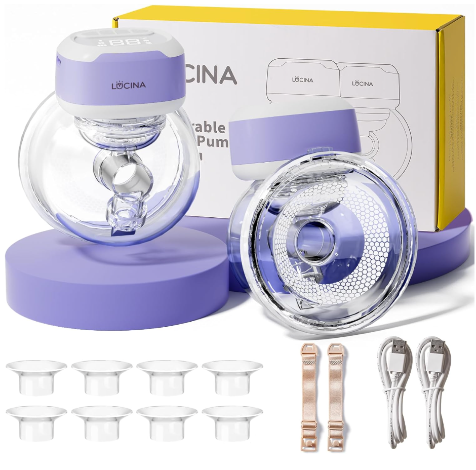 Wearable Breastfeeding Pump Hands Free of Long Battery Life, Portable Electric Wireless Breast Pump with 3 Modes and 9 Levels, LED Display, 16/18/20/22/24mm Flanges & Inserts, 2 Pack (Purple)