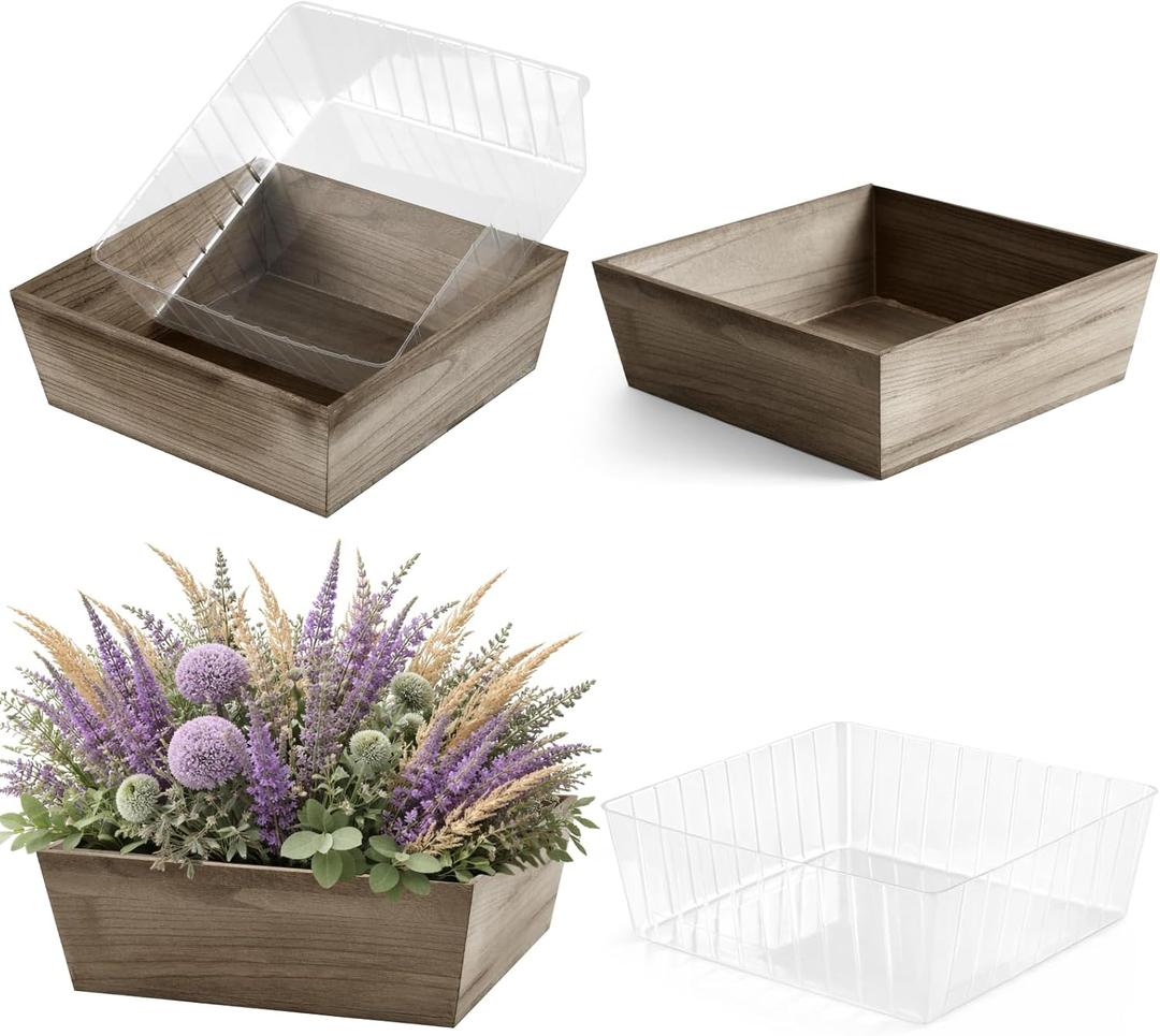 Dandat 2 Set Wooden Centerpiece Box for Wedding Table Decor 12 Inch Rustic Wood Planter Box with Removable Plastic Liner Flower Boxes for Party Wedding Baby Shower Home Garden Decor(Brown)