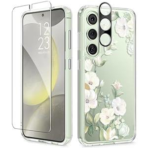 GVIEWIN Compatible with Samsung Galaxy S24 Case Floral, with Screen & Camera Lens Protector, Hard PC&TPU Bumper Clear Shockproof Protective for Galaxy S24 Phone Case Women 6.2"(Hibiscus/ Green)
