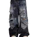 Unisex Y2K Distressed Baggy Wide Leg Jeans for Men Women - Vintage Washed Ripped Denim Streetwear Pants (Large)