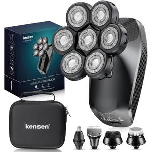 7D Head Shavers for Bald Men - 5 in 1 kensen Electric Head Hair Shaver, Head Electric Razor with Nose Hair & Beard Trimmer Cordless IPX6 Waterproof Wet Dry LED Display Travel Case (Black)