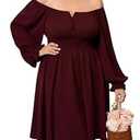 SHESTARR Womens Plus Size Cocktail Dress Fall Off Shoulder Long Sleeve Square Neck Smocked Waist Flowy A Line Short Dress Burgundy, 4XL