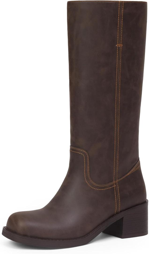 Adolilove Mid Calf Boots for Women Chunky Block Low Heel Square Toe Comfortable Casual Trendy Stylish Boots (6, Matte Dark Brown)