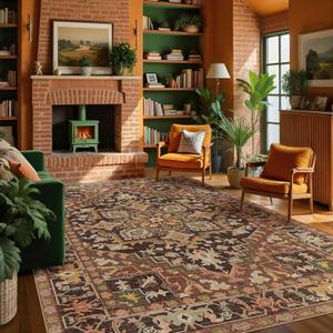 Kokia Washable Area Rugs 9x12 Living Room Boho Non Slip Thin Carpet Stain Resistant Vintage Brown Printed Oriental Distressed Rug for Bedroom Low Pile (Sequoia/Walnut/Pine/Ginger)