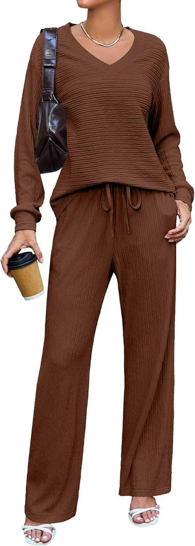 Amoretu Women's 2 Piece Set Fall Outfits Lounge Set V Neck Wide Leg Pants Matching Sets, for Work and Casual with Pockets (Brown, L)