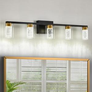 5-Light Bathroom Light Fixtures, Black and Gold Vanity Lights Crystal LED Bathroom Lights Over Mirror with 3 Colors Adjustable White/Neutral/Warm, Modern Dimmable Vanity Light for Bathroom (5 Light)
