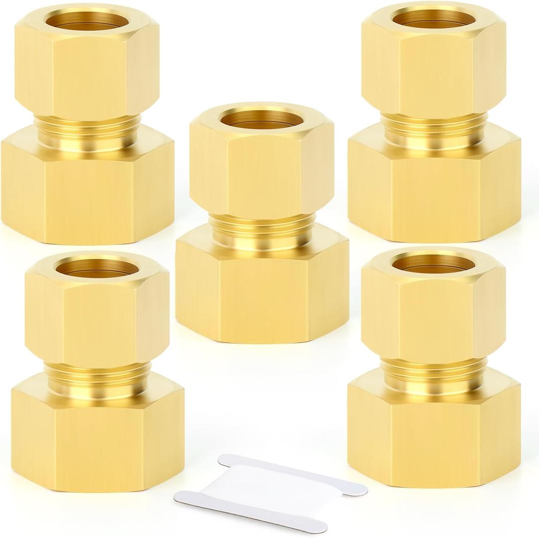 GASHER 5PCS Brass Compression Tube Pipe Fitting Connector, 1/2" Tube OD x 1/2" NPT Female Connector (Straight)