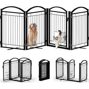 Metal Free Standing Dog Gate with Door for Indoor & Outdoor,30" Tall Foldable Dog Fence,80" Extra Wide Freestanding Pet Gate for Large Openings,Stairs,Deck,Yard,Doorways,with Cat Door(4 Panels,Black)