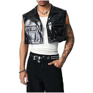 SHENHE Men's Patent Leather Button Up Sleeveless Crop Jacket Vest Disco Party Clubwear, Small
