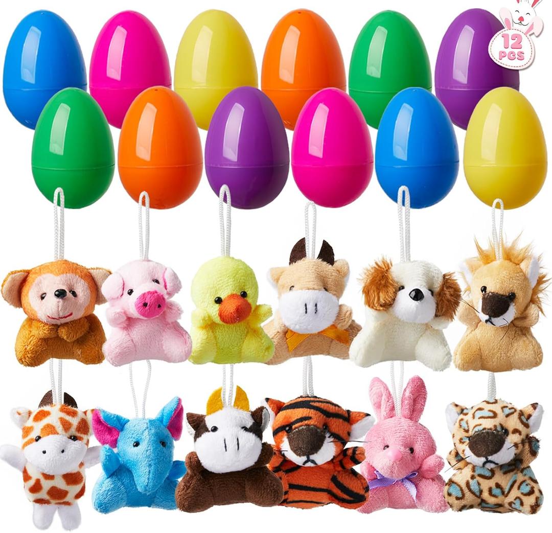 HIKISS 12 Pcs Easter Eggs with Mini Stuffed Animal Plush Toys Easter Basket Stuffers Filler for Kids Toddler Boys Girls Egg Hunt Party Favors Classroom Prize Supplies