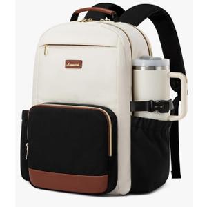 LOVEVOOK Laptop Backpack for Women with Pouch Pocket for Large Capacity Cup,15.6 Inch Laptop Computer Bag Travel Backpack Purse,Waterproof Work Business Backpack College Teacher Bags,Beige-Black-Brown