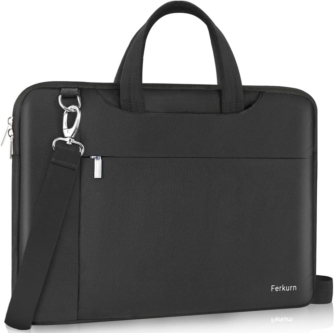 Ferkurn Laptop Case Bag 17 17.3 inch Women Men Computer Sleeve with Shoulder Strap Compatible with HP Envy Pavilion/Dell Inspiron/Thinkpad/Vivobook/MSI/Acer,Waterproof Briefcase with Handle,Black