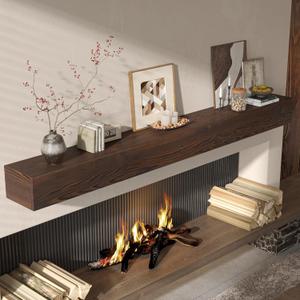 Fun Memories 72" Fireplace Mantel, 5" Thick Wall Mounted Shelves for Over Fireplace, Solid Wood Farmhouse Long Floating Shelves, Handcrafted Wooden Fireplace Mantle, 72" x 8" x 5" - Dark Brown (American Walnut Finish)