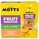 Motts Fruit Smoothies Vanilla Peach, 4.2 oz clear pouches, 8 Pack, Made With Milk, Made With Real Fruit, Good Source of Calcium, On-the-Go, BBD: 06/03/26